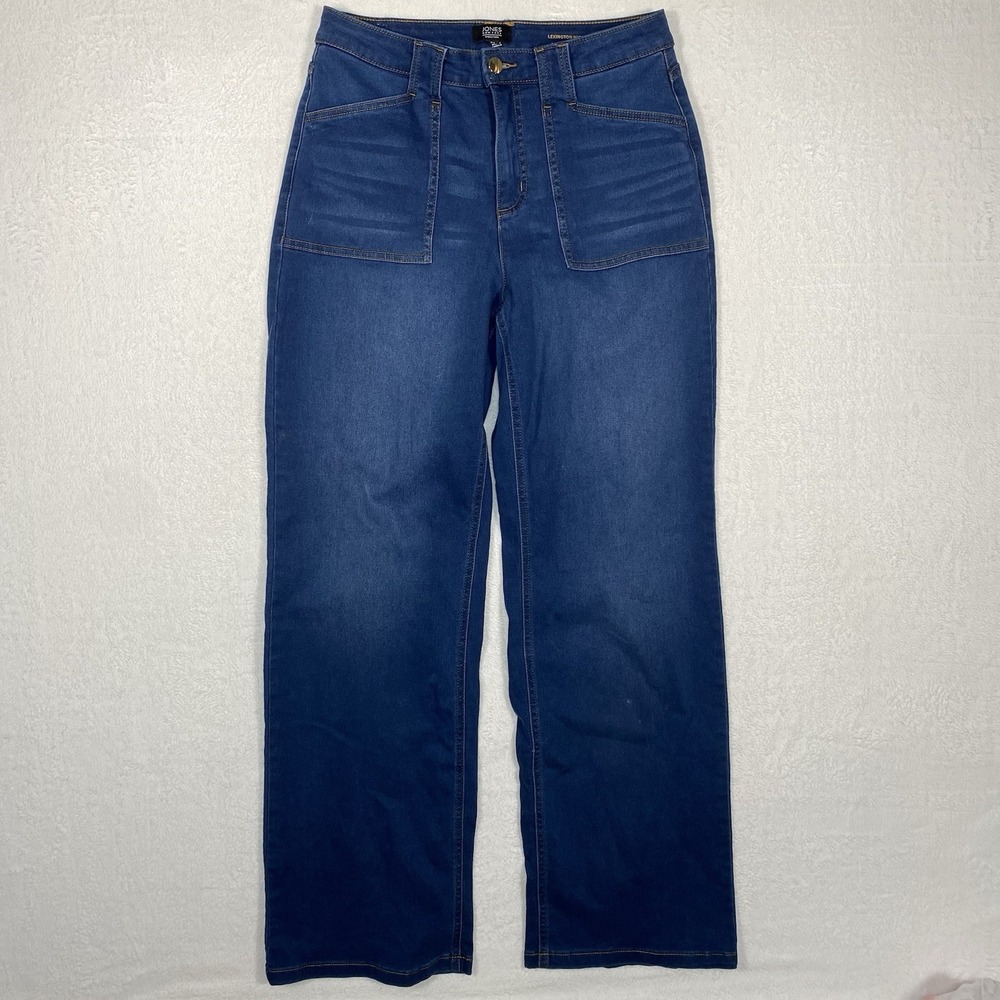 Wide Leg Trouser Jeans High Rise Dark Wash Stretch Denim Patch Pockets Sz 8 Boho - Picture 1 of 15